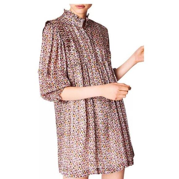 BA&SH LADY DRESS DEEP BLOUSON SLEEVE ECRU METALLIC MINI Lurex Silk SIZE S 6 420 - Picture 1 of 10